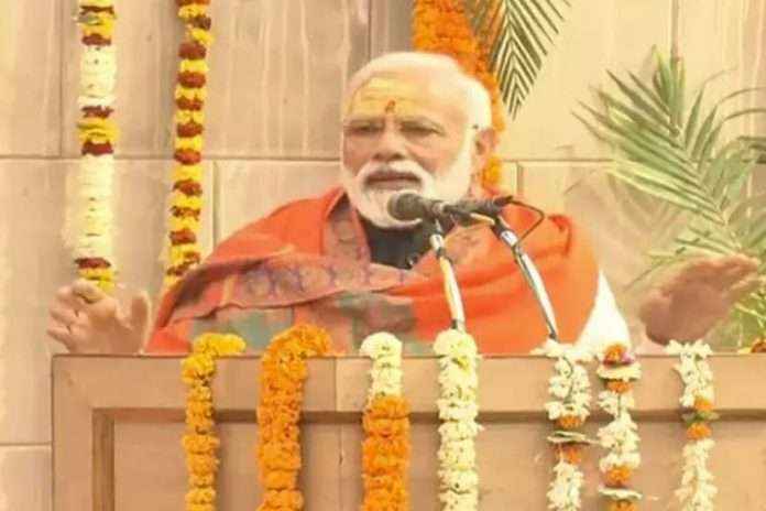 Prime Minister Narendra Modi lays the foundation stone of Kashi Vishwanath Temple Corridor