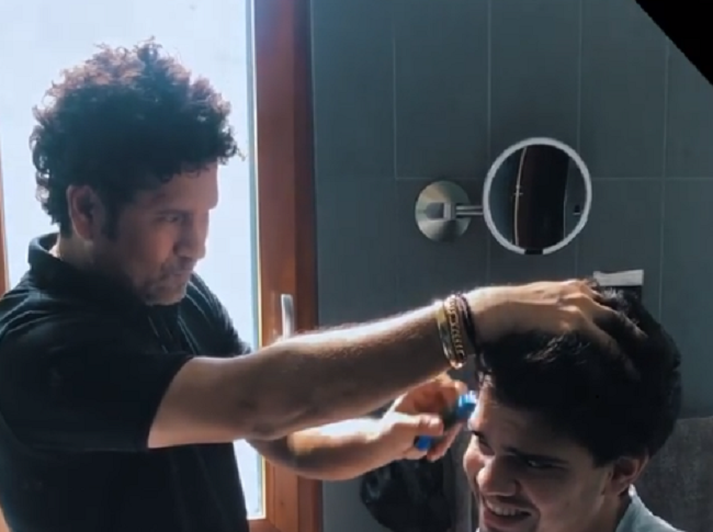 sachin tendulkar cut his son hair at home posted video on instagram