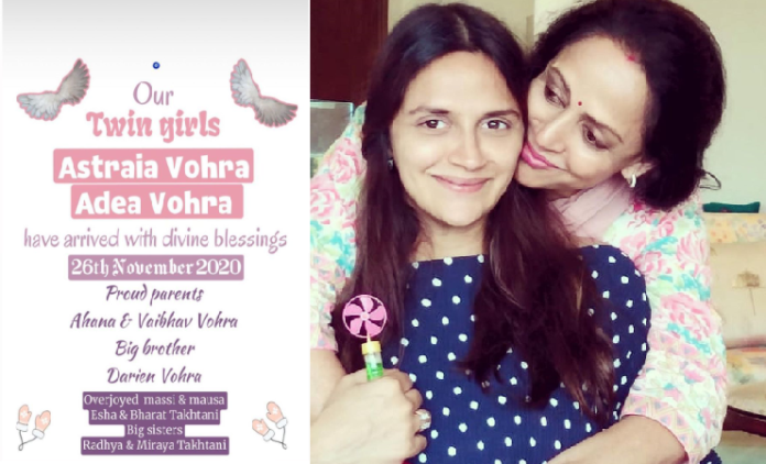 hema malinis daughter ahana deol vohra blessed with twins baby girl