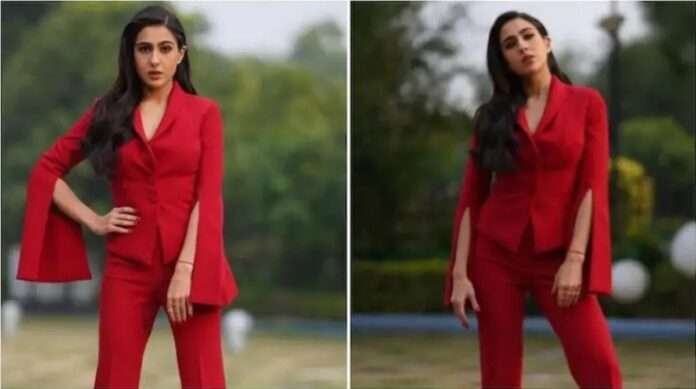 Sara Ali Khan Stuns in Red Pantsuit Worth Rs 1,32,371 at Coolie No. 1 Trailer Launch