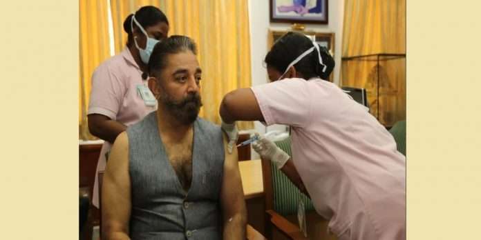 south superstar kamal haasan gets covid 19 vaccine tweeting immunization against the corrupt next month