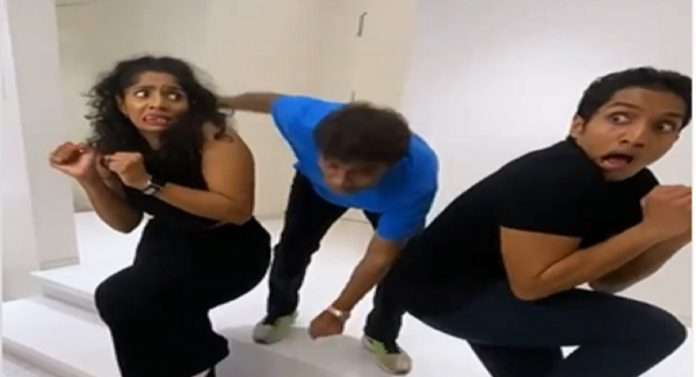 bollywood comdian johny lever fall sofa while dancing with jamie lever and jesse lever video viral on social media