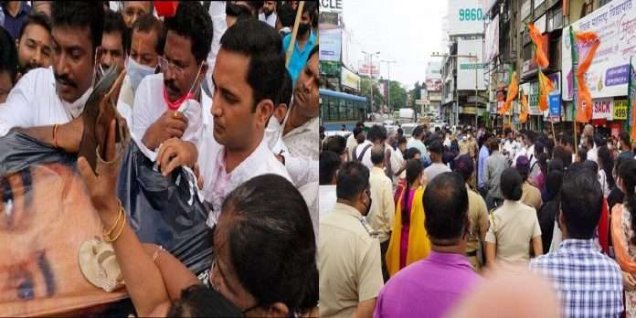 chiplun flood pune bjp protest against shivsena mla bhaskar jadhav for scolding a women asking for financial help