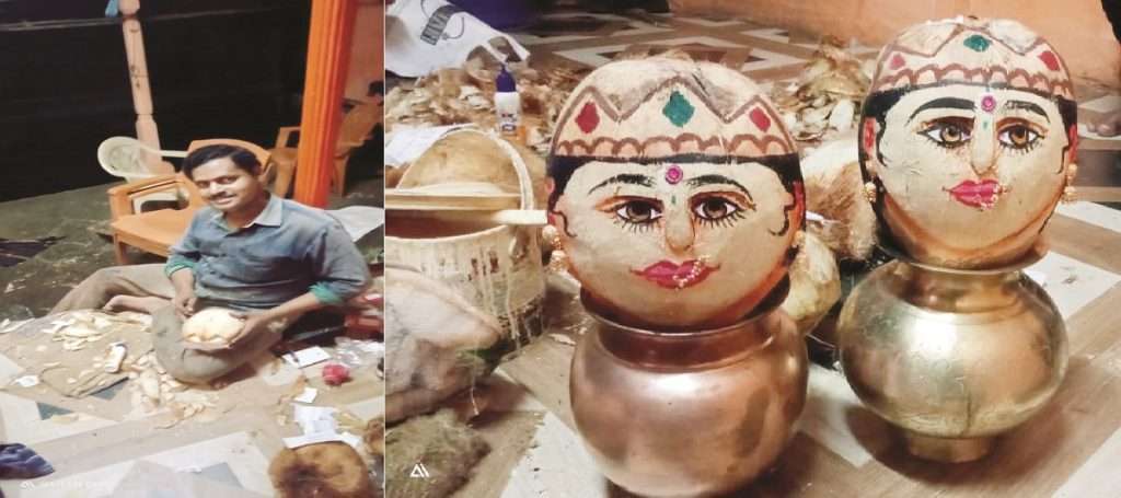 Navratri 2021 : अलिबागच्या मूक-बधीर संजीव मोरेची कमाल ; नारळावर साकारतोय देवीची मूर्ती