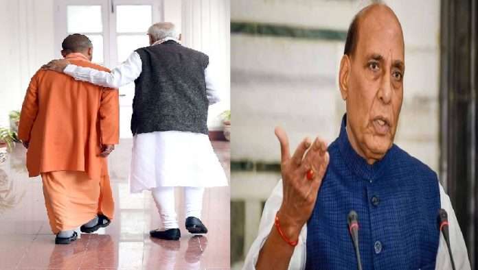rajnath singh reveal discussion of photo Modi hands on yogi shoulders