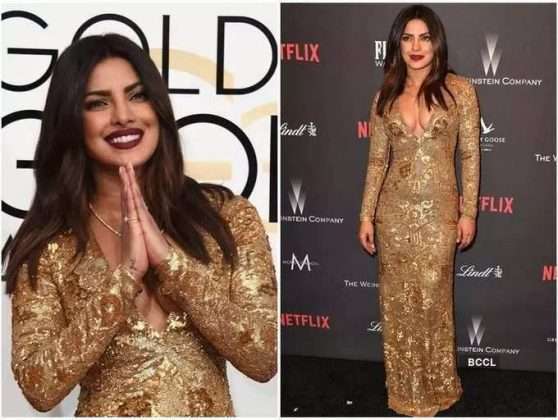 priyanka chopra looks hot and sexy in golden shimmery gown for globes award red carpet look photos