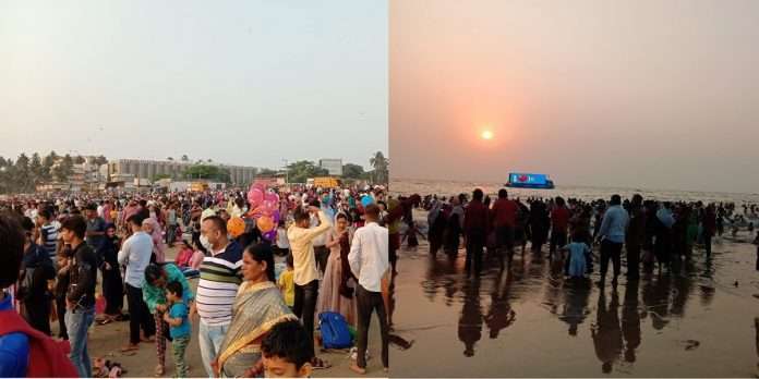 large crowds of mumbaikars at juhu beach mumbai on sunday