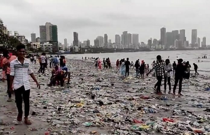 plastic garbage on the seashore